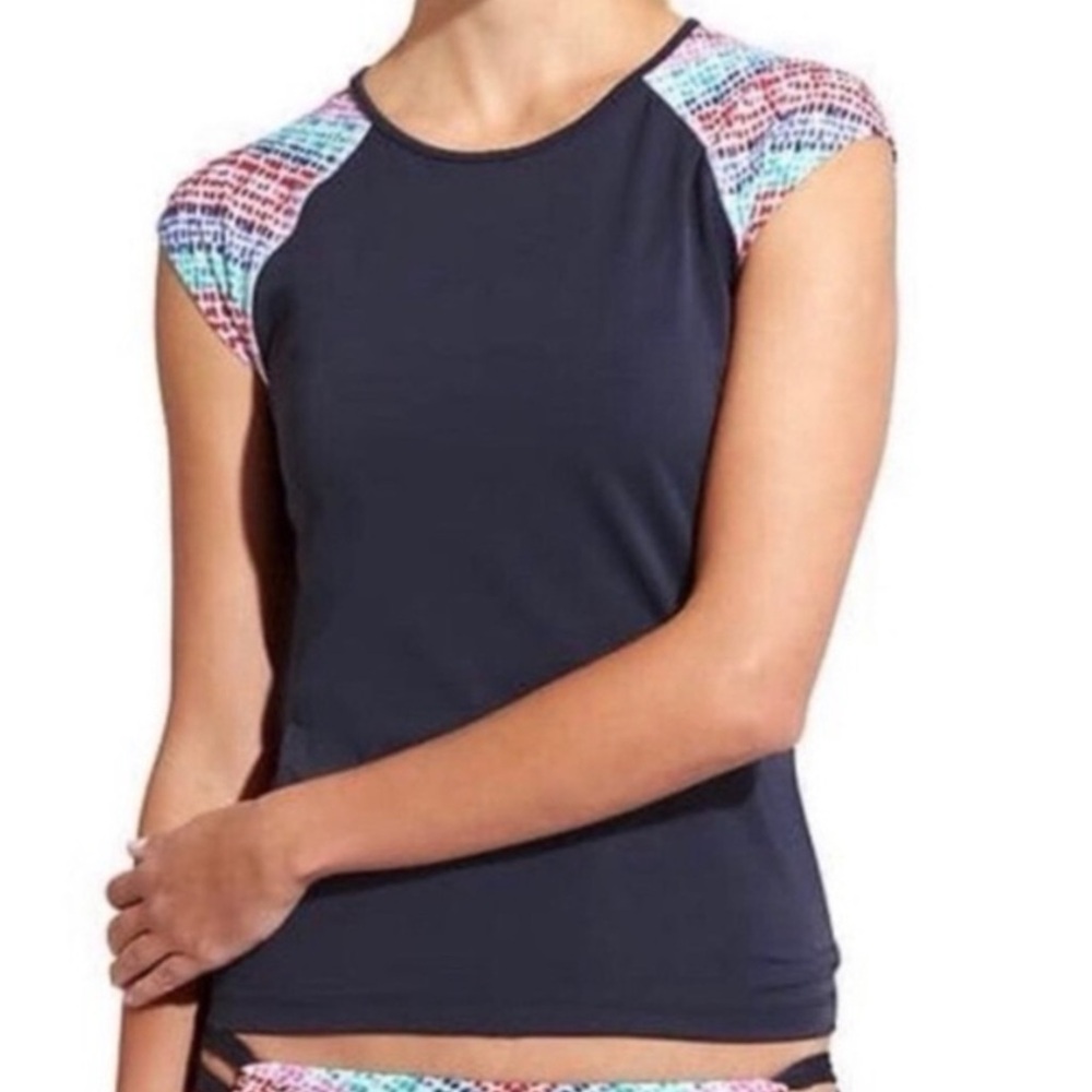 Athleta Swim Top Rash Guard M Navy Cap Sleeve Quick Dry Activewear